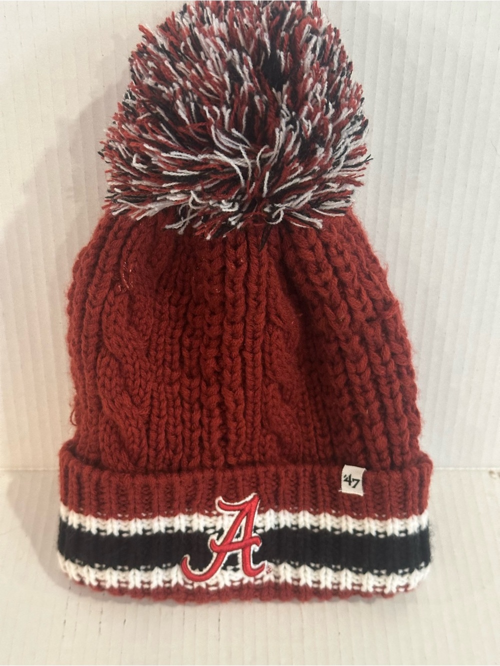 47 Crimson Cable Knit Pom Beanie with Black & White Trim